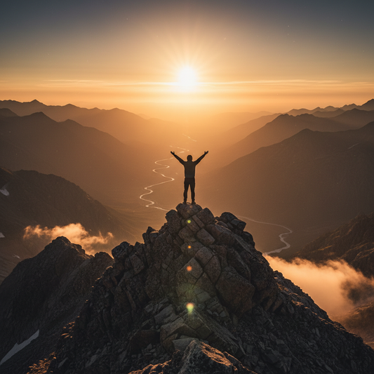 Persona en la cima de una montaña al atardecer, representando el éxito y la transformación personal